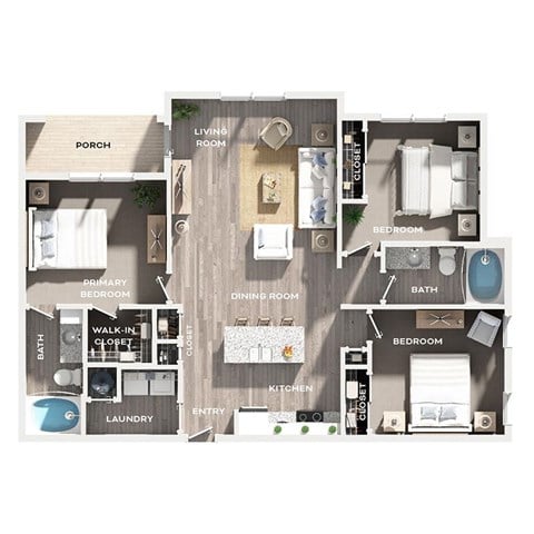 Floor plan for 3 beds, 2 baths, 1240 sqft